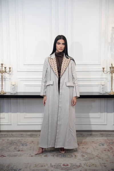 عباية بليزر لينن باللون البيج مع تطريز C:IB329 Beige