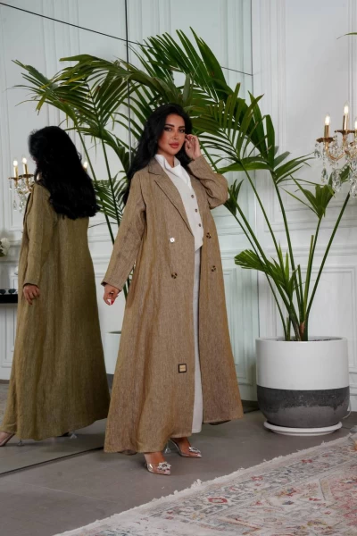 Beige natural linen blazer abaya IB135